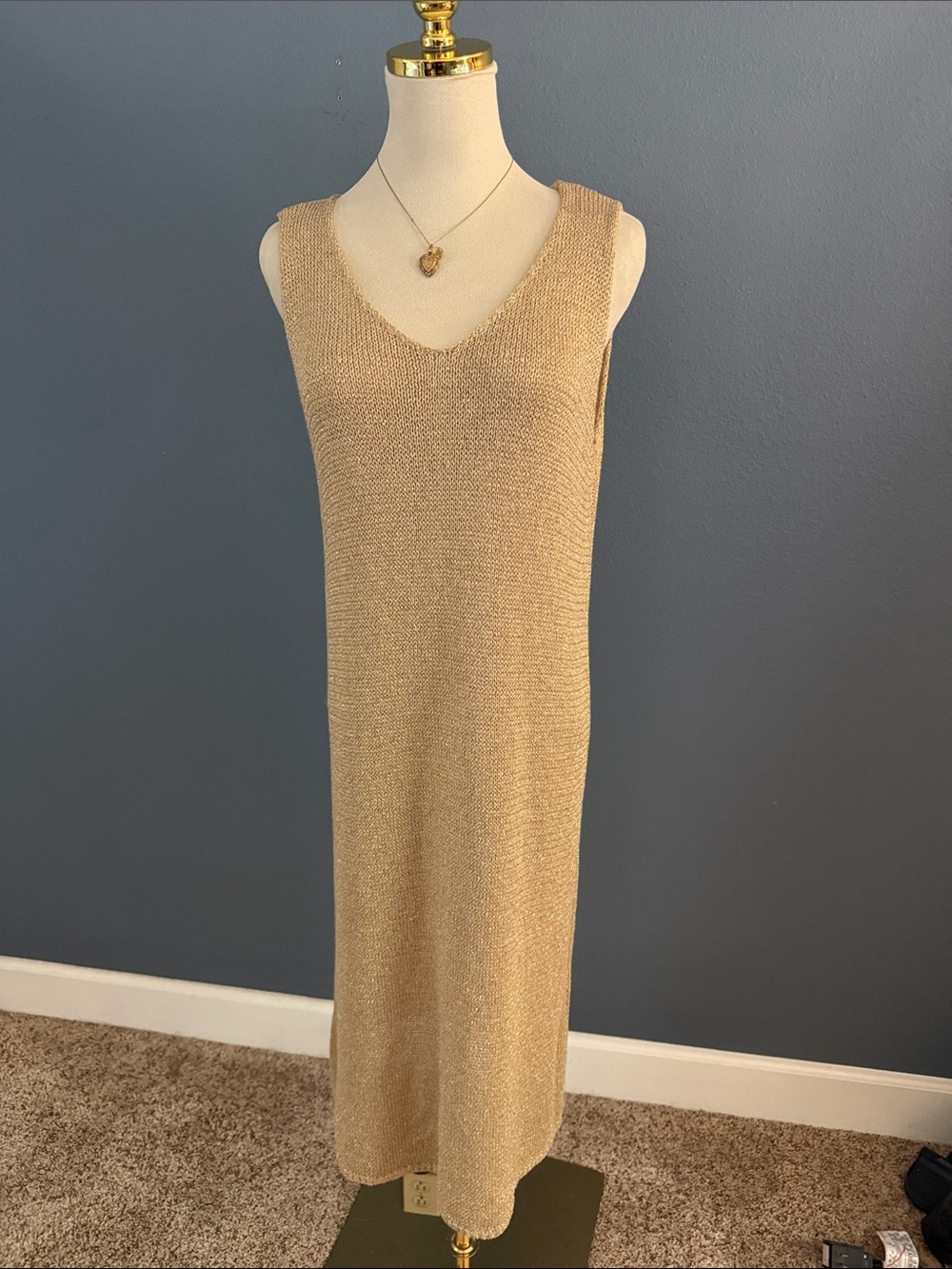 Sleeveless Knit V-Neck Gold Midi Dress